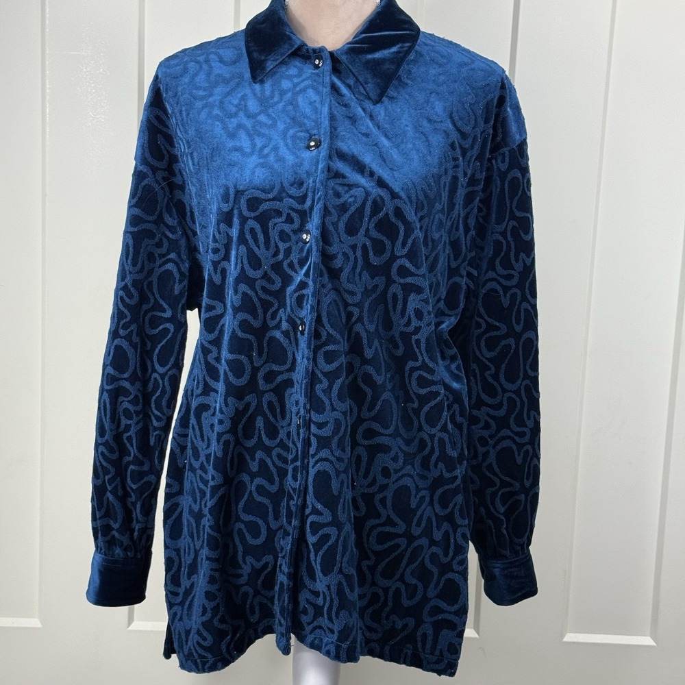 Vintage BLAST Blouse Womens 1X Blue Green Velour Crushed Velvet Button Up Top